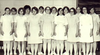 Vintage black and white photo of nursing students