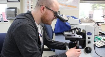 Male student looking from microscope