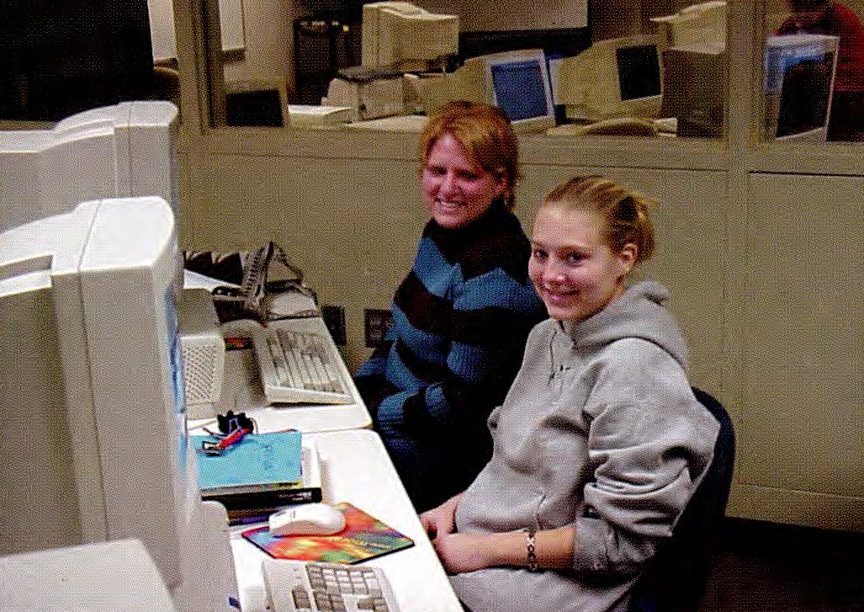 Two female Moraine Park students in computer lab vintage photo