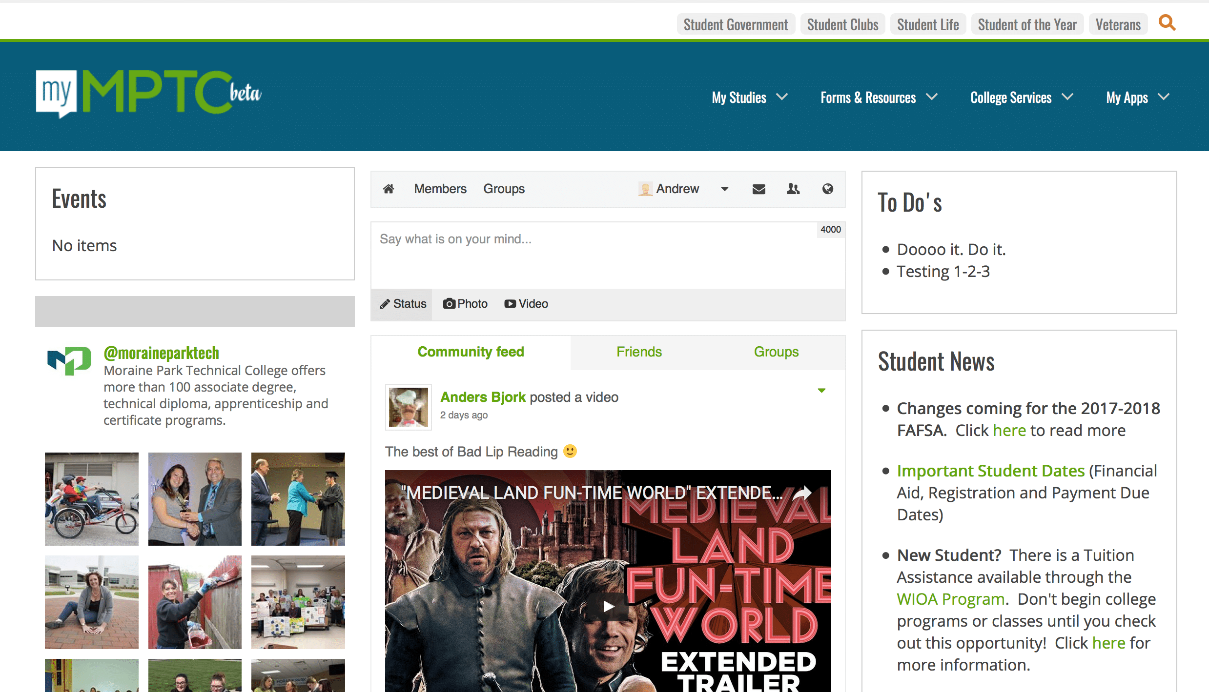 Screenshot showing features of myMPTC student portal