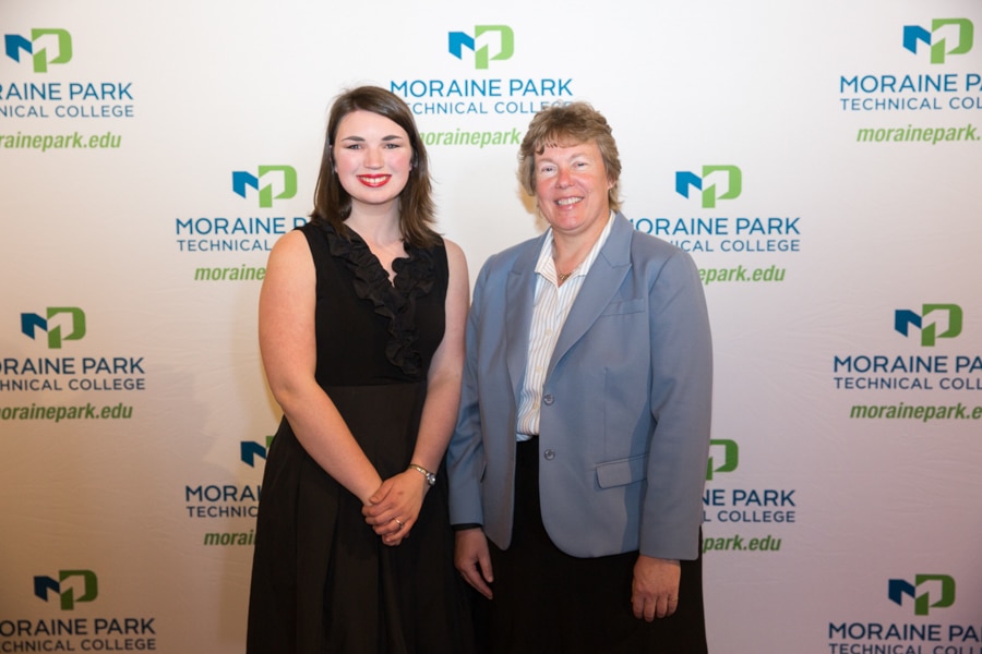 Moraine Park president Bonnie Baerwald and female Moraine Park student at student awards banquet