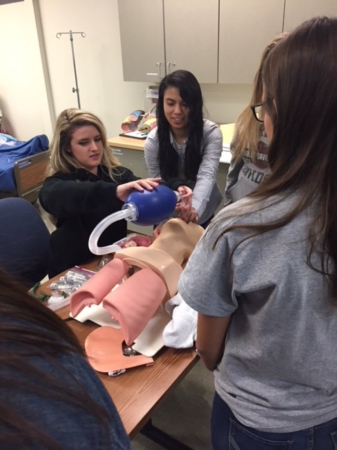 Students learning to intubate a patient on a simulator