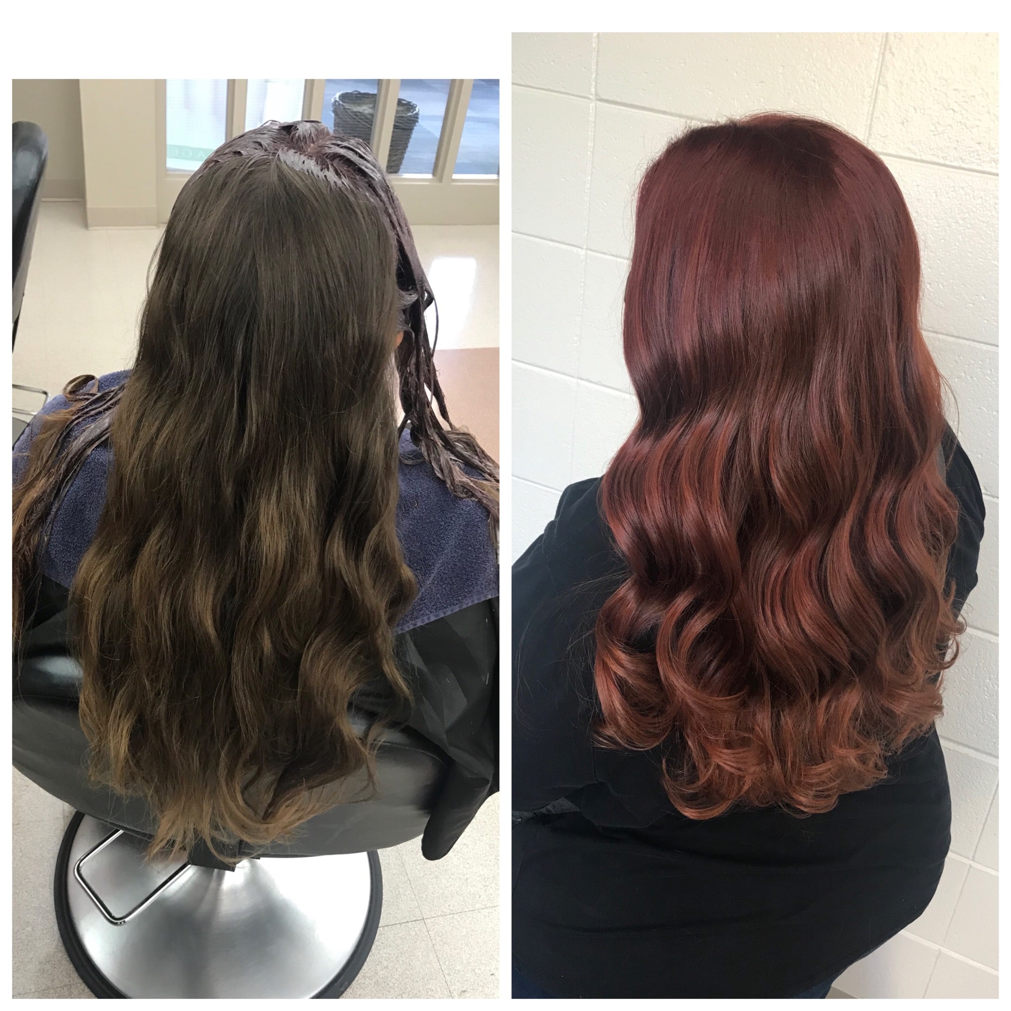 Cosmetology student before and after photo of client at Techniques Salon and Spa