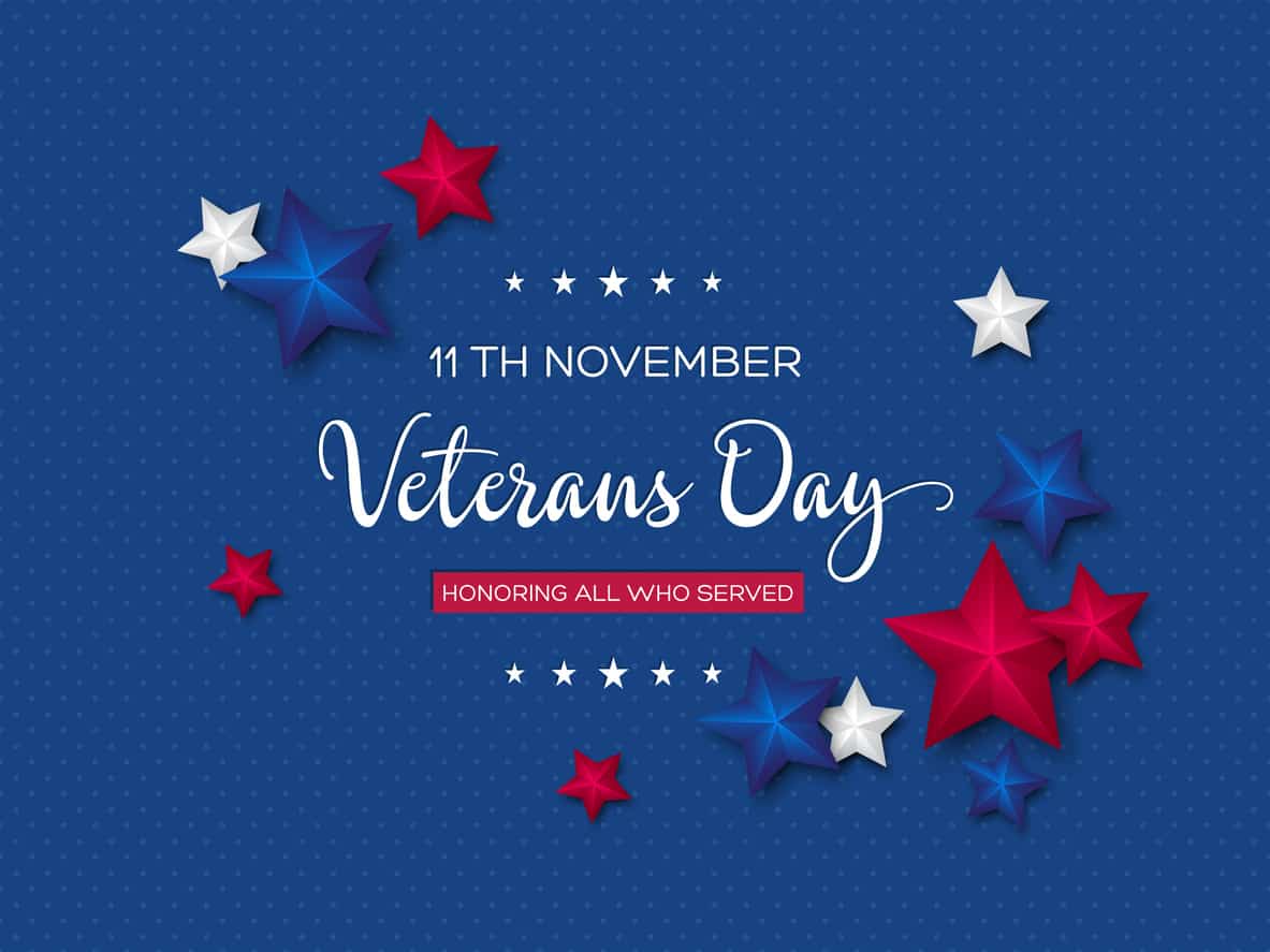 Veterans Day greeting card. 3d stars colors of american flag with greeting text on dotted background. Vector illustration.